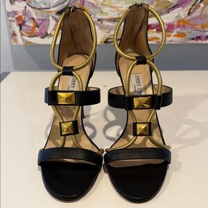 Jimmy Choo Black and Gold Strappy Heels